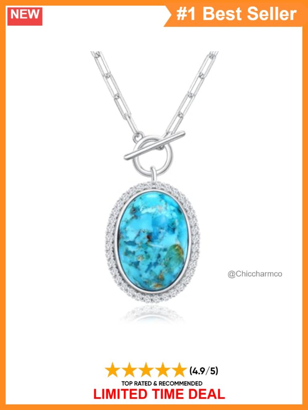 Sterling Silver Oval Turquoise Pendant Necklace Paperclip Chain
